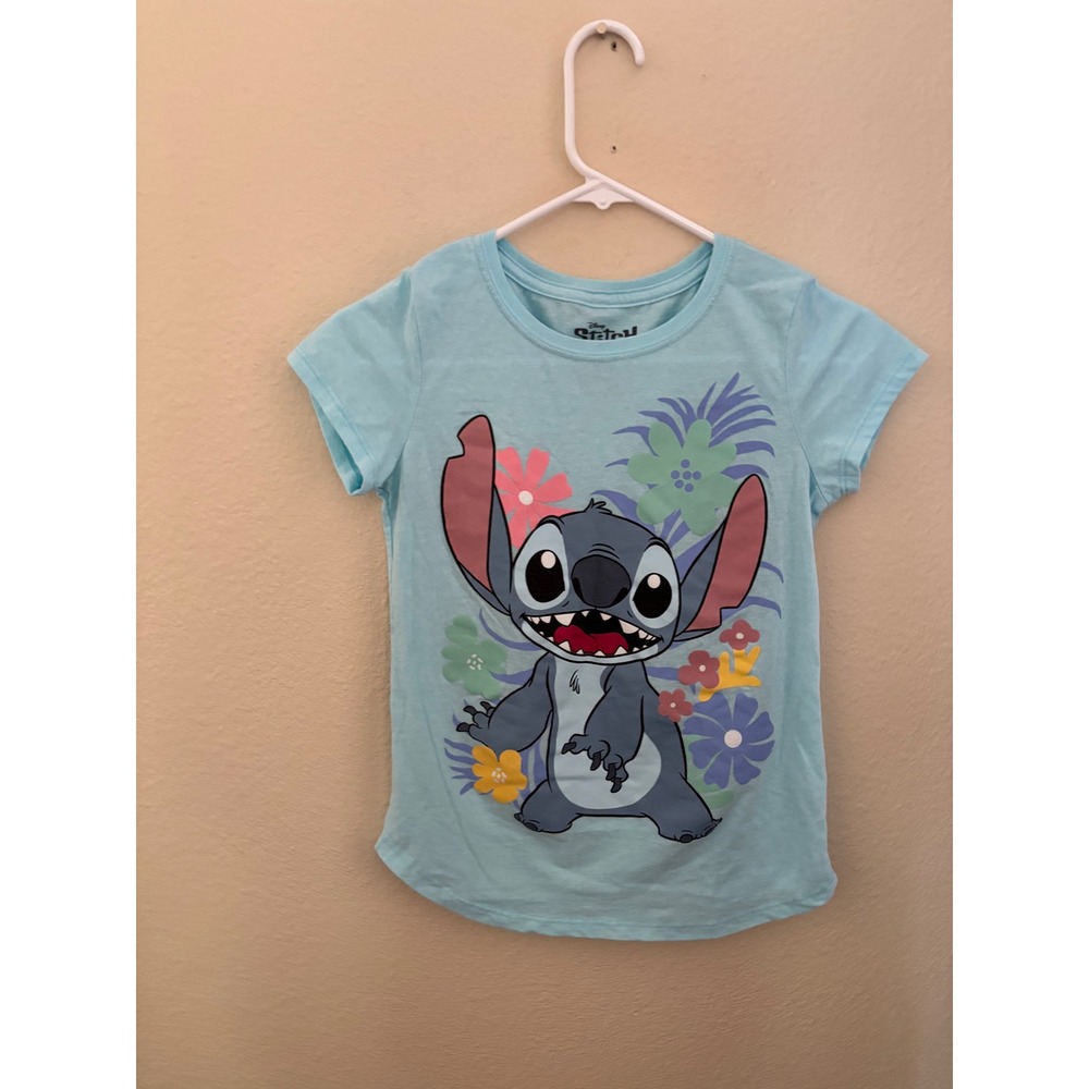 Disney Lilo & Stitch Girls Large Blue Floral Graphic T-Shirt Hybrid 
A1185